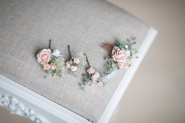 Blush Rose Wedding Hair Comb & Pins: Romantic Bridal Hairstyle – handmade floral hair accessory by magaela