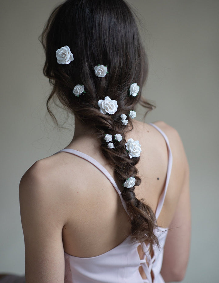 White Rose Hair Pins: Bridal Flower Hair Clips – handmade floral hair accessory by magaela