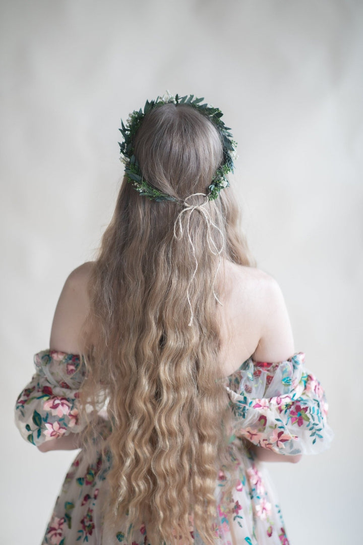 Eucalyptus Wedding Hair Crown: Baby's Breath Bridal Flower Wreath – handmade floral hair accessory by magaela