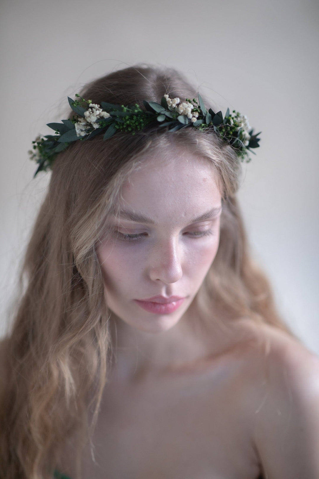 Eucalyptus Wedding Hair Crown: Baby's Breath Bridal Flower Wreath – handmade floral hair accessory by magaela