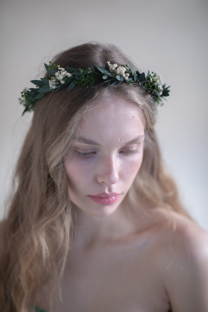 Eucalyptus Wedding Hair Crown: Baby's Breath Bridal Flower Wreath – handmade floral hair accessory by magaela