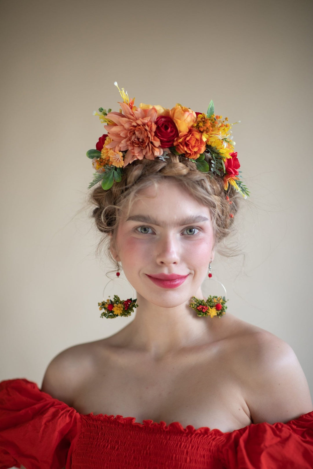 Sunset Dahlia Flower Crown: Frida Headband, Mexican Wedding Headpiece – handmade floral hair accessory by magaela