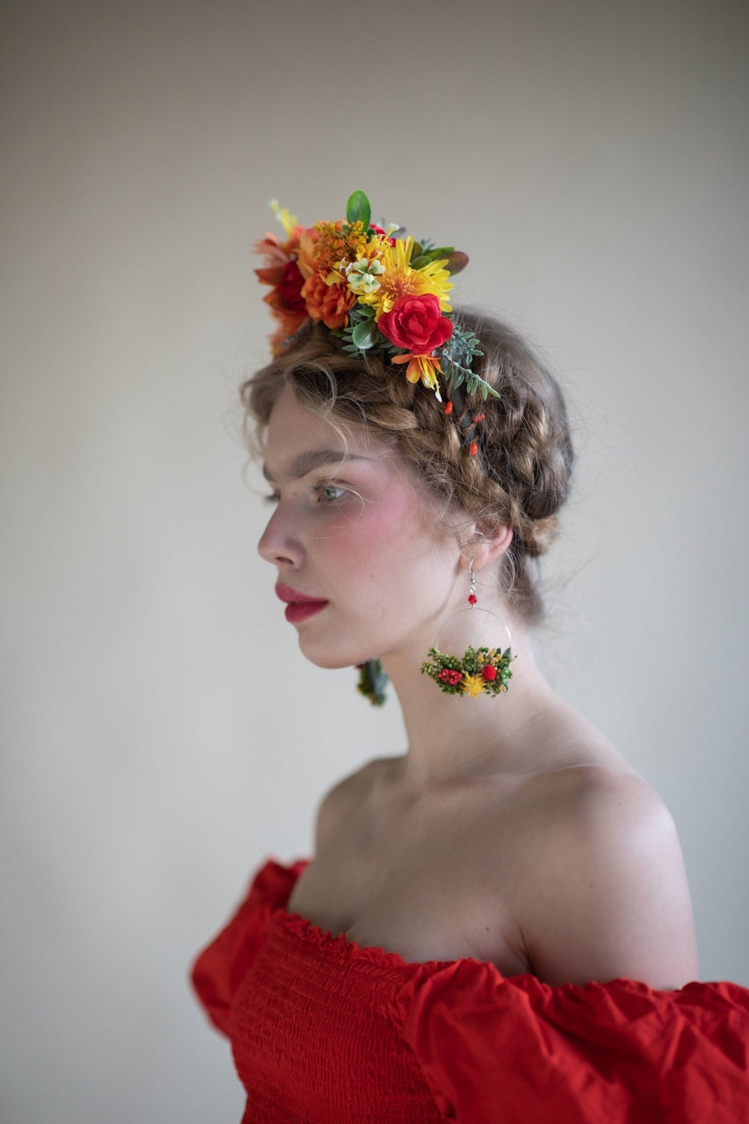 Sunset Dahlia Flower Crown: Frida Headband, Mexican Wedding Headpiece – handmade floral hair accessory by magaela