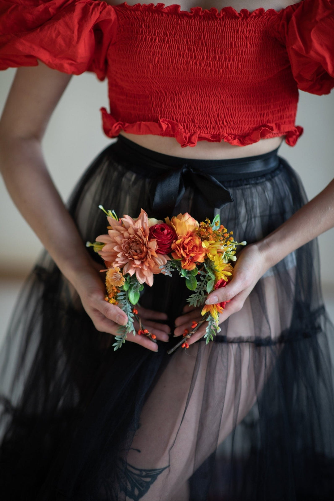 Sunset Dahlia Flower Crown: Frida Headband, Mexican Wedding Headpiece – handmade floral hair accessory by magaela