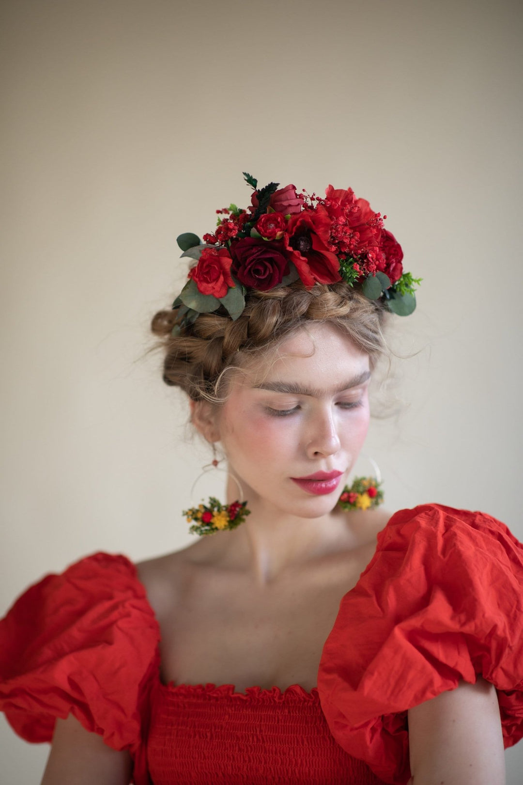 Red Frida Flower Headband: Bridal Wedding Hair Accessory – handmade floral hair accessory by magaela