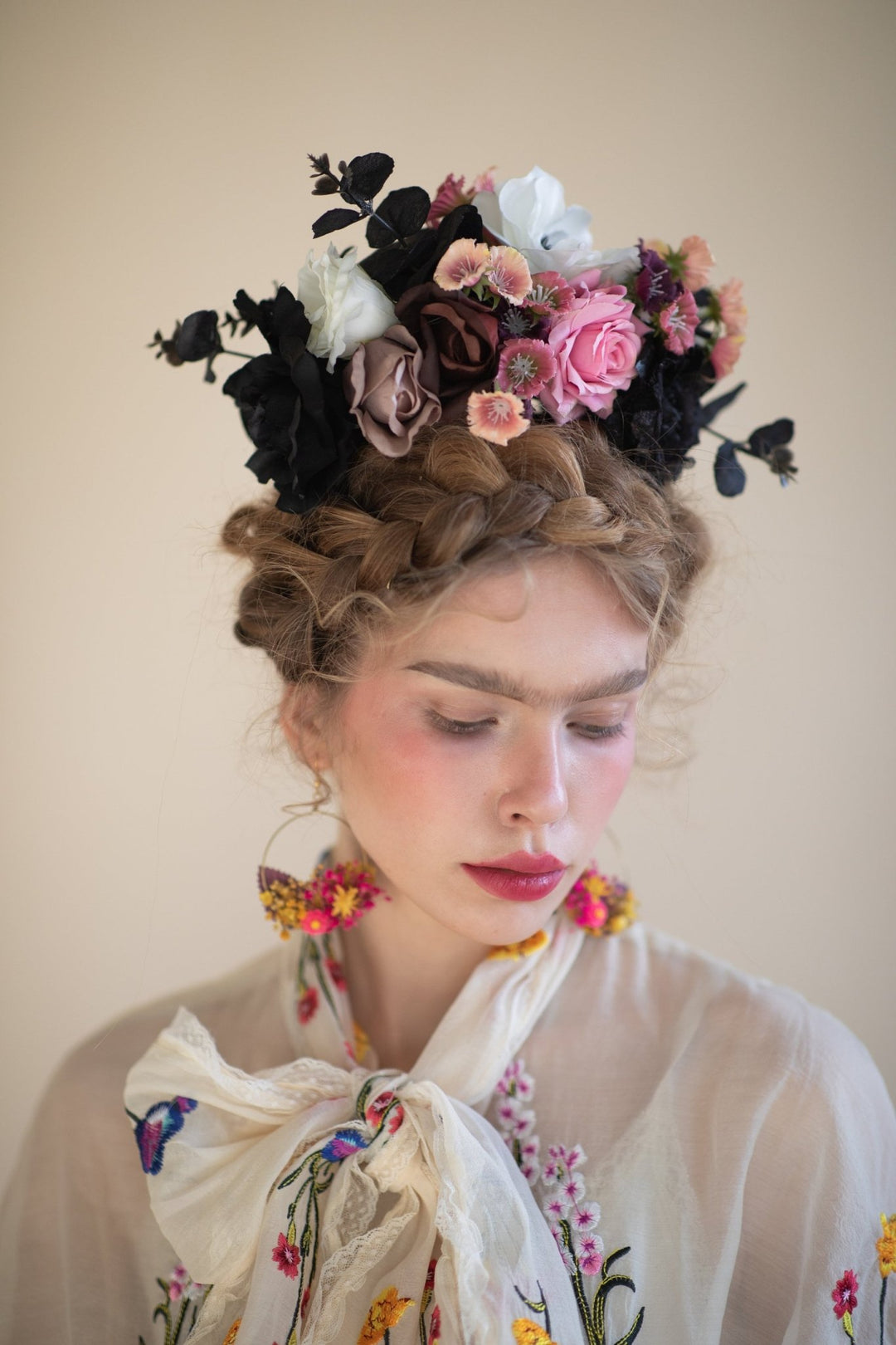 Frida Flower Crown: Black & Pink Rose Headband, Mexican Bridal Headpiece – handmade floral hair accessory by magaela