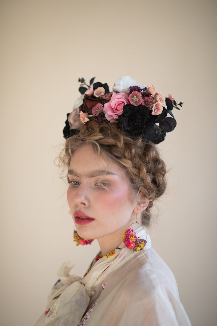 Frida Flower Crown: Black & Pink Rose Headband, Mexican Bridal Headpiece – handmade floral hair accessory by magaela