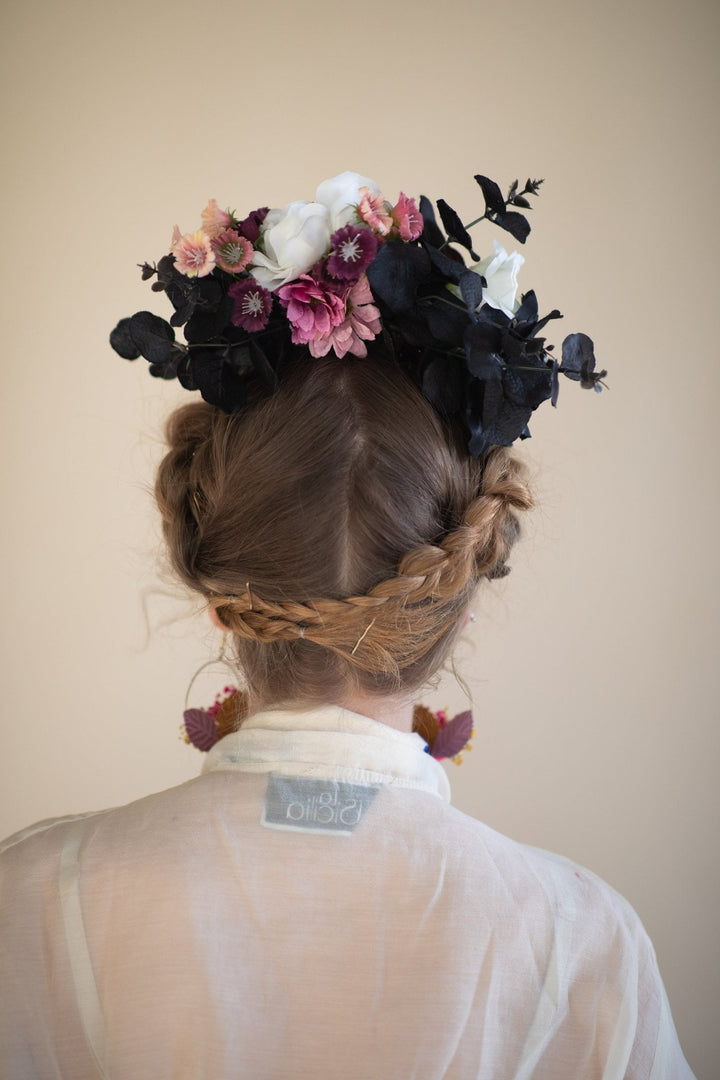 Frida Flower Crown: Black & Pink Rose Headband, Mexican Bridal Headpiece – handmade floral hair accessory by magaela