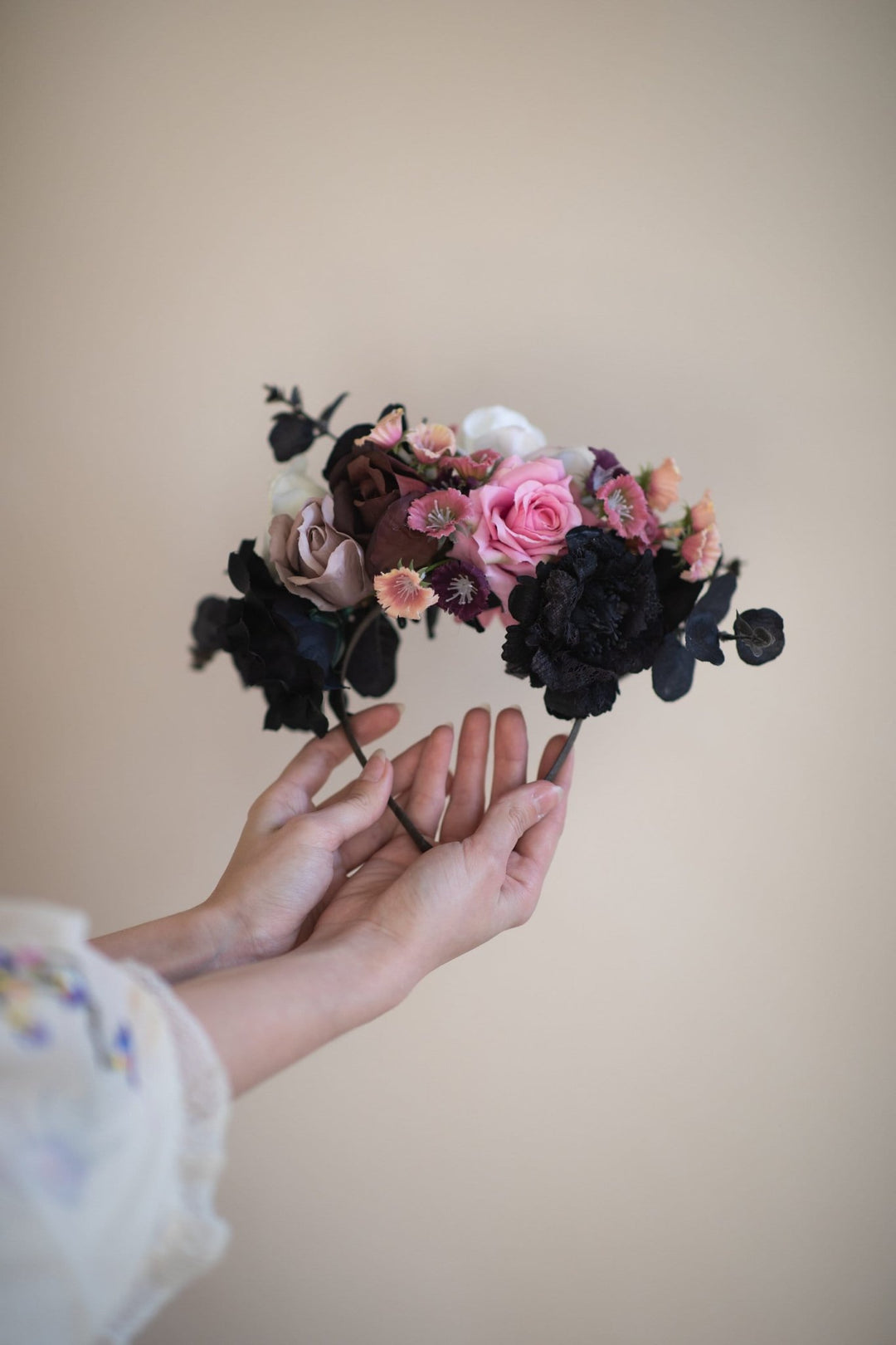 Frida Flower Crown: Black & Pink Rose Headband, Mexican Bridal Headpiece – handmade floral hair accessory by magaela