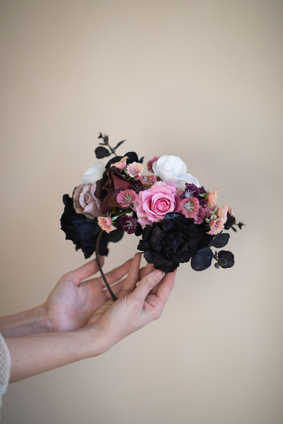 Frida Flower Crown: Black & Pink Rose Headband, Mexican Bridal Headpiece – handmade floral hair accessory by magaela