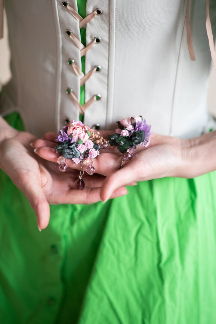 Romantic Flower Bridal Earrings: Pink & Purple Wedding Jewelry – handmade floral hair accessory by magaela