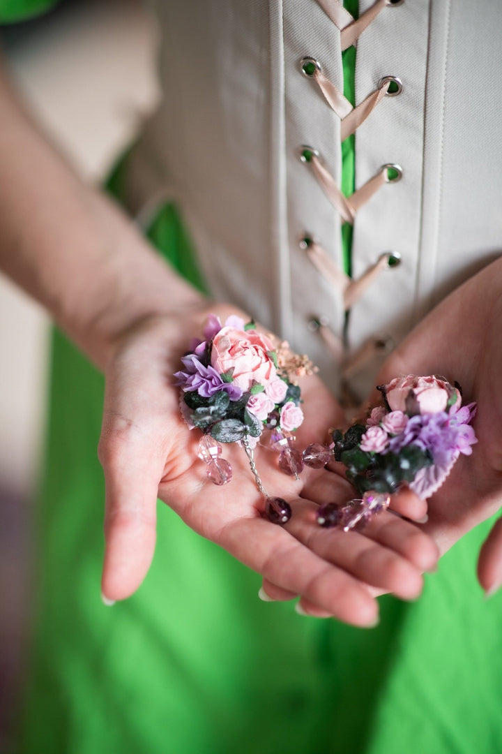Romantic Flower Bridal Earrings: Pink & Purple Wedding Jewelry – handmade floral hair accessory by magaela