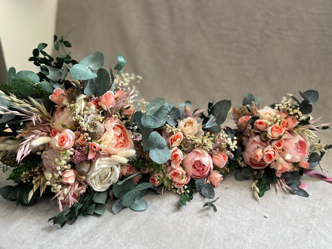 Pastel Peach Wedding Bouquet: Blush Rose, Eucalyptus, Boho Bridal Flowers – handmade floral hair accessory by magaela