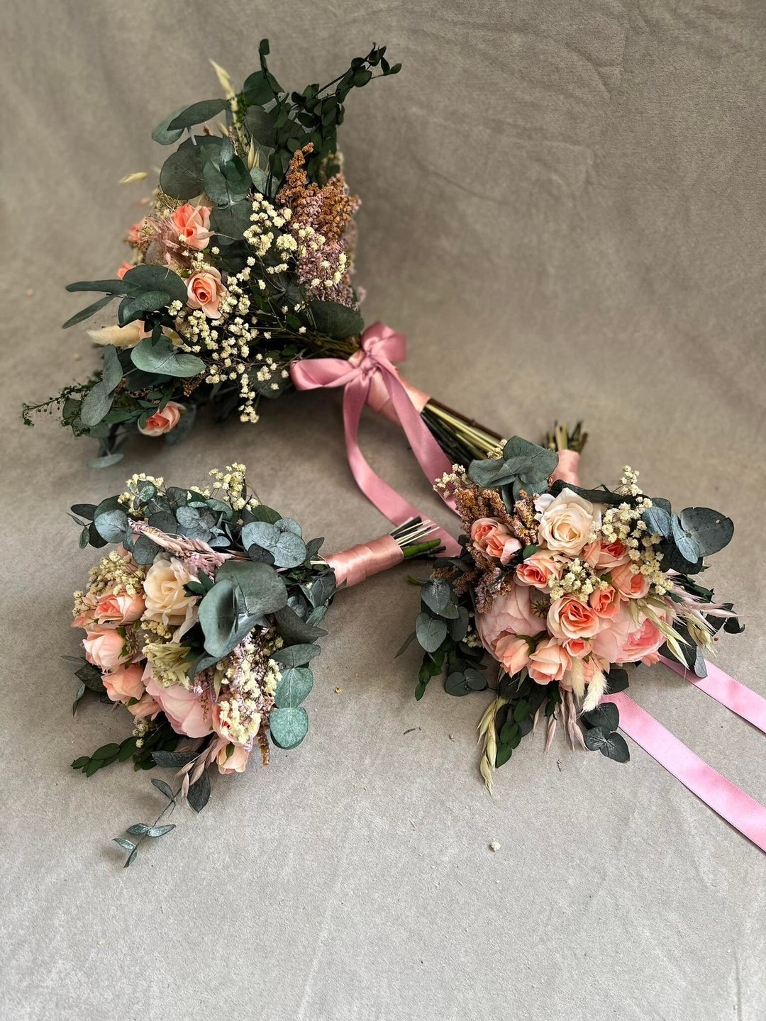Pastel Peach Wedding Bouquet: Blush Rose, Eucalyptus, Boho Bridal Flowers – handmade floral hair accessory by magaela