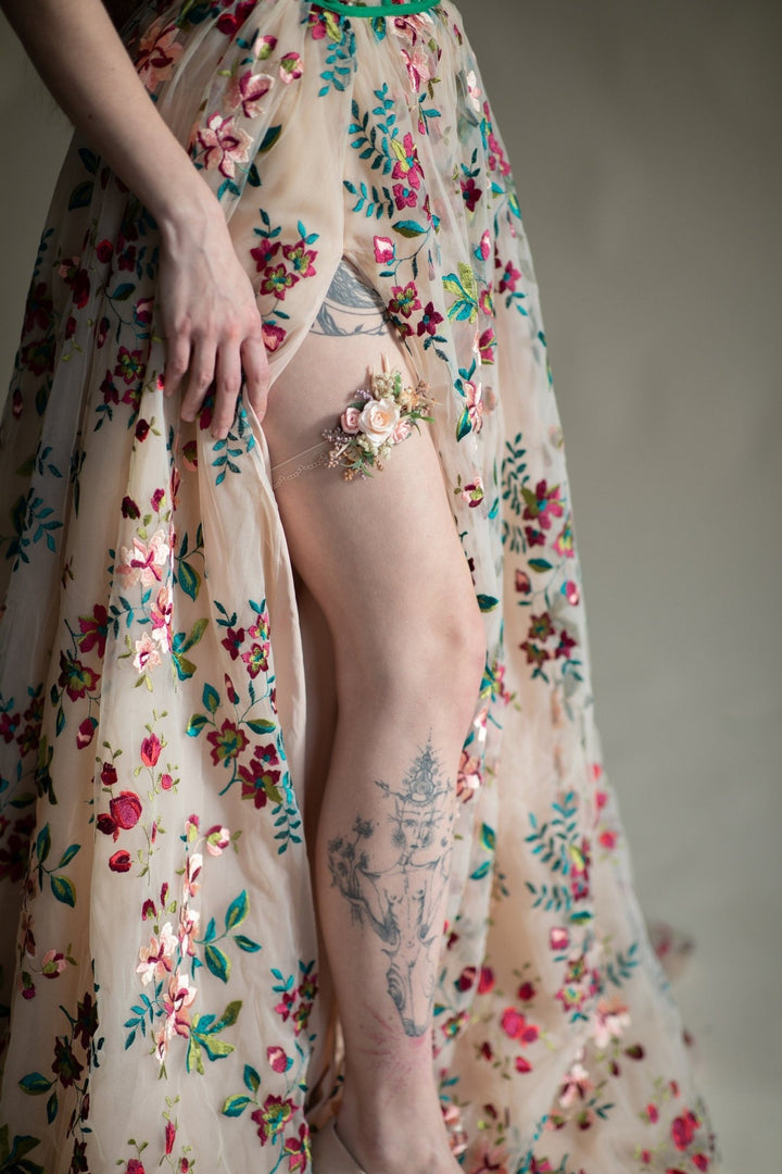 Peach Flower Bridal Garter: Pink Rose Wedding Jewelry – handmade floral hair accessory by magaela