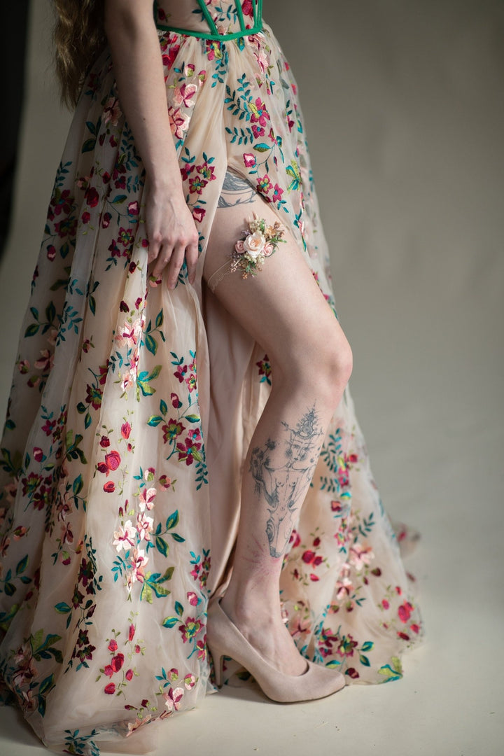 Peach Flower Bridal Garter: Pink Rose Wedding Jewelry – handmade floral hair accessory by magaela