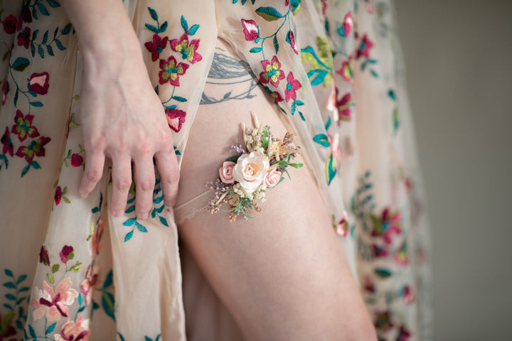 Peach Flower Bridal Garter: Pink Rose Wedding Jewelry – handmade floral hair accessory by magaela