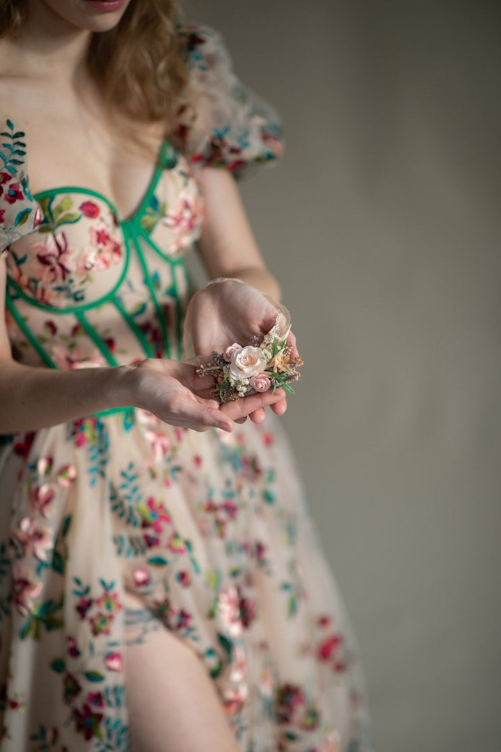 Peach Flower Bridal Garter: Pink Rose Wedding Jewelry – handmade floral hair accessory by magaela