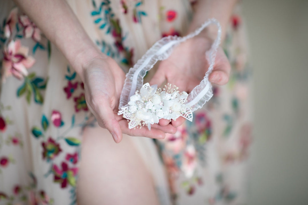 White Flower Wedding Garter: Lace Bridal Toss Garter – handmade floral hair accessory by magaela