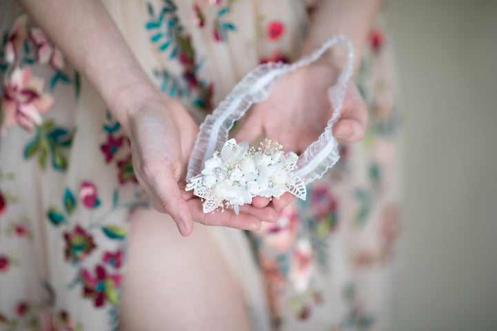 White Flower Wedding Garter: Lace Bridal Toss Garter – handmade floral hair accessory by magaela