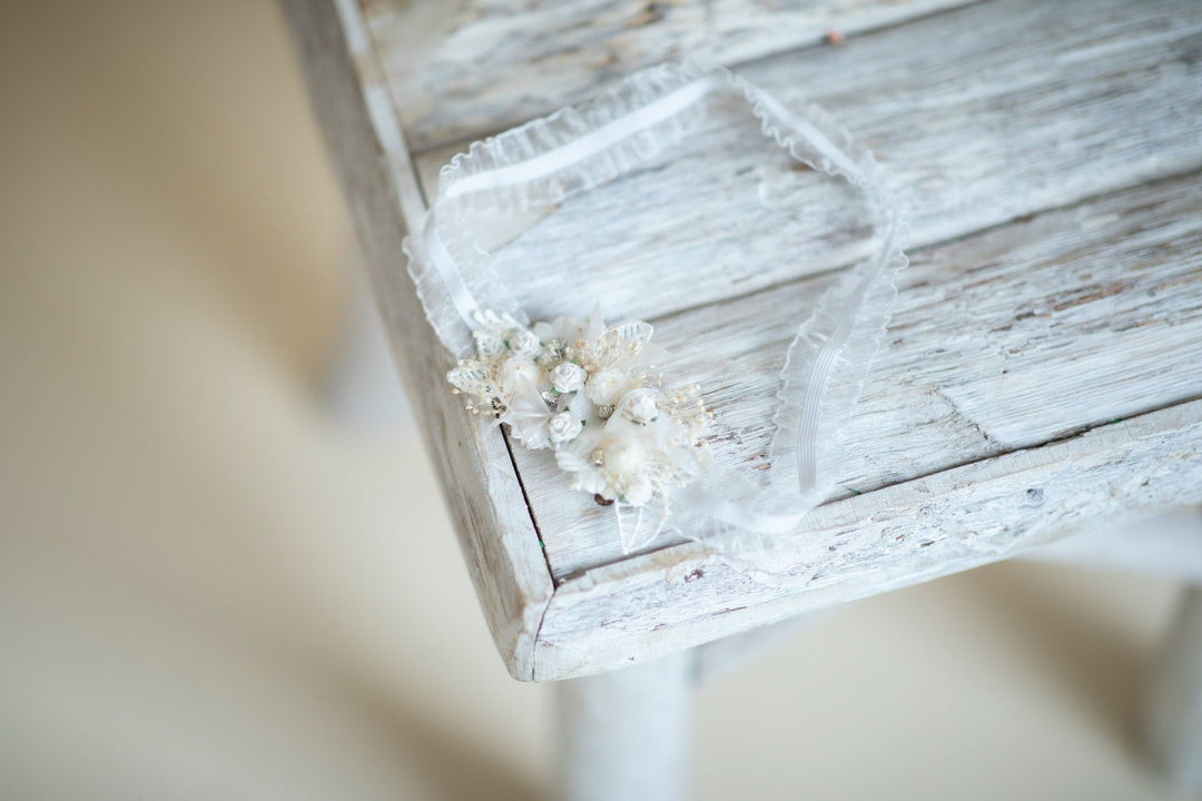 White Flower Wedding Garter: Lace Bridal Toss Garter – handmade floral hair accessory by magaela