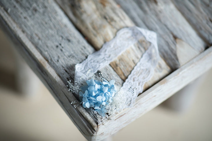 Bridal Garter: Preserved Hydrangea & Gypsophila, Baby Blue Lace – handmade floral hair accessory by magaela