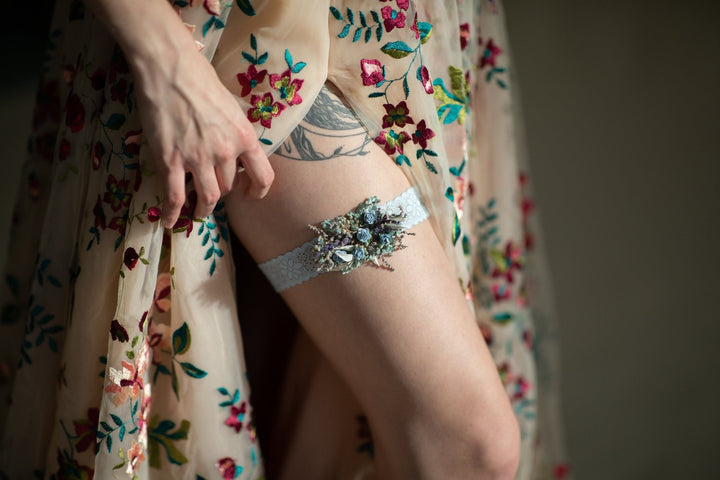 Blue Rose Wedding Garter: Floral Lace Bridal Accessory – handmade floral hair accessory by magaela
