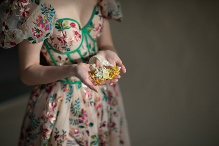 Yellow Flower Bridal Garter: Dried Baby's Breath Wedding Accessory – handmade floral hair accessory by magaela
