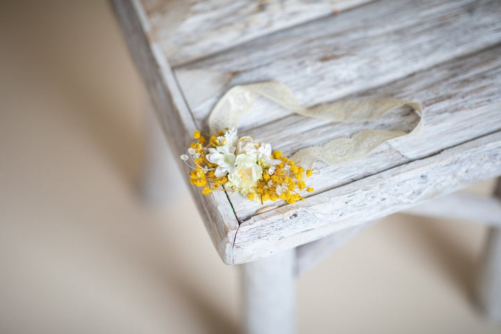 Yellow Flower Bridal Garter: Dried Baby's Breath Wedding Accessory – handmade floral hair accessory by magaela