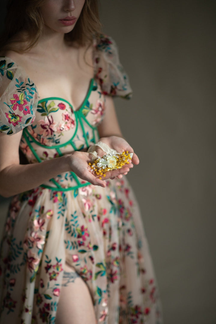 Yellow Flower Bridal Garter: Dried Baby's Breath Wedding Accessory – handmade floral hair accessory by magaela
