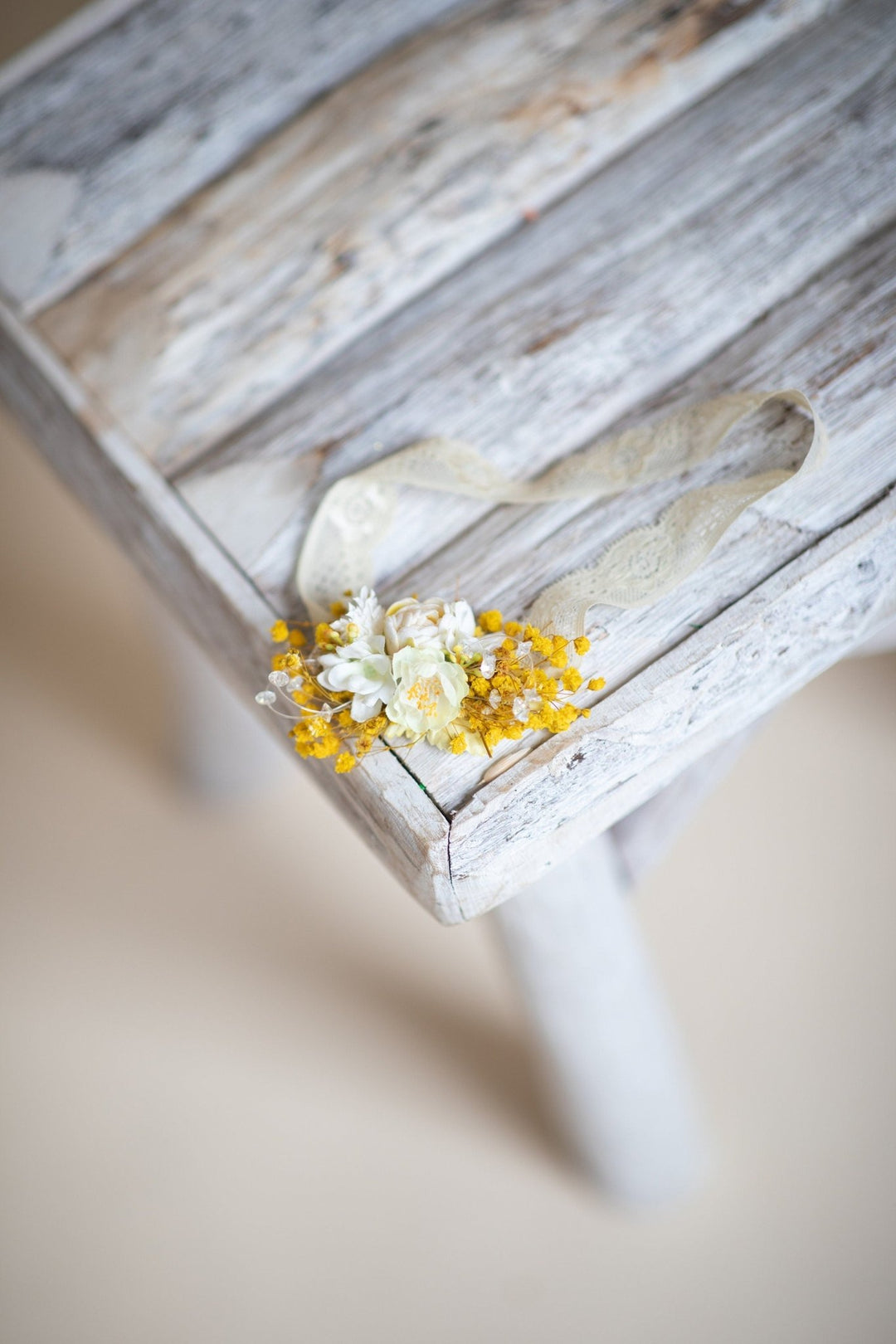 Yellow Flower Bridal Garter: Dried Baby's Breath Wedding Accessory – handmade floral hair accessory by magaela