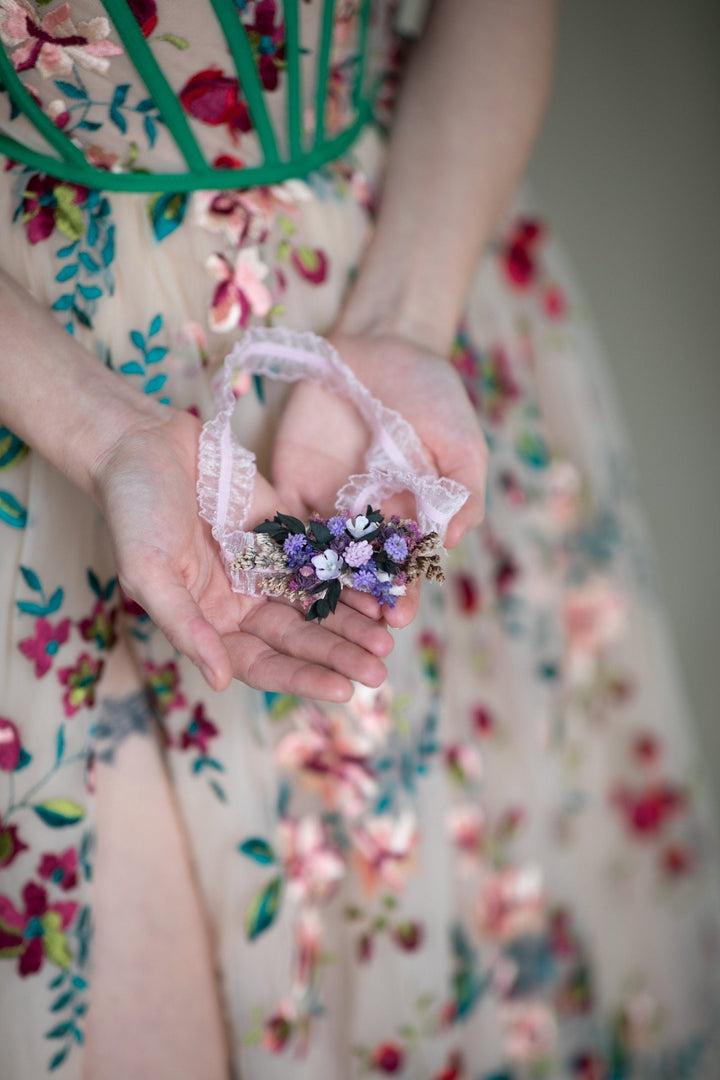 Purple Rose Bridal Garter: Violet Wedding Accessory – handmade floral hair accessory by magaela