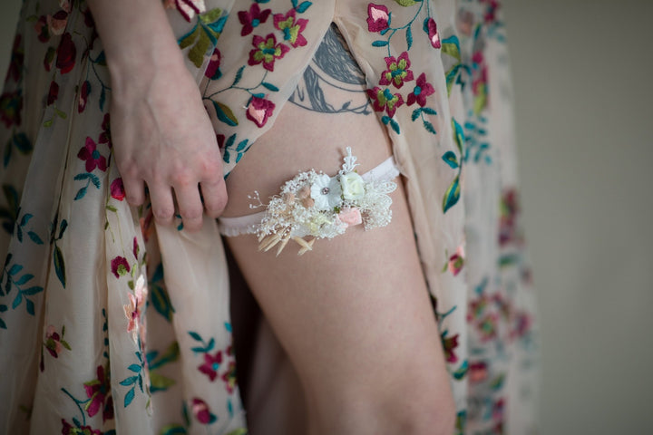 Peach Floral Bridal Garter: Ivory Lace Wedding Toss Garter – handmade floral hair accessory by magaela