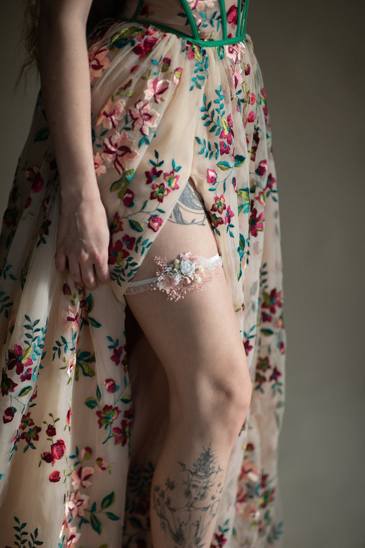 White Peony Flower Wedding Garter: Blush Pink Lace Bridal Accessory – handmade floral hair accessory by magaela