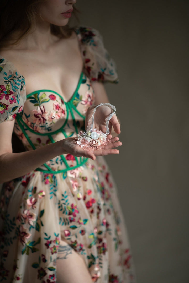 White Peony Flower Wedding Garter: Blush Pink Lace Bridal Accessory – handmade floral hair accessory by magaela