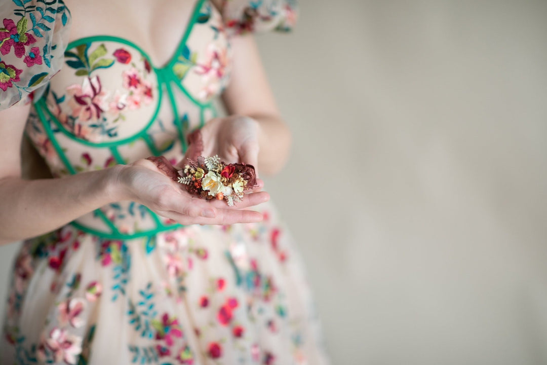 Autumn Floral Bridal Garter, Burgundy Maroon Wedding Accessory – handmade floral hair accessory by magaela