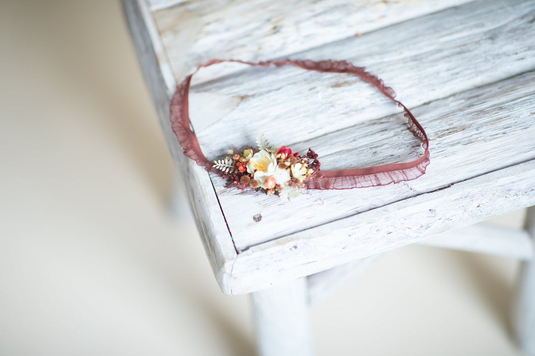 Autumn Floral Bridal Garter, Burgundy Maroon Wedding Accessory – handmade floral hair accessory by magaela