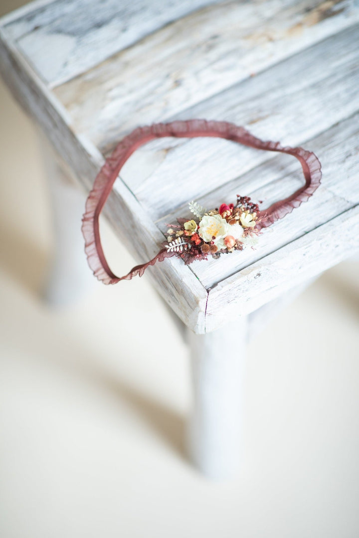 Autumn Floral Bridal Garter, Burgundy Maroon Wedding Accessory – handmade floral hair accessory by magaela