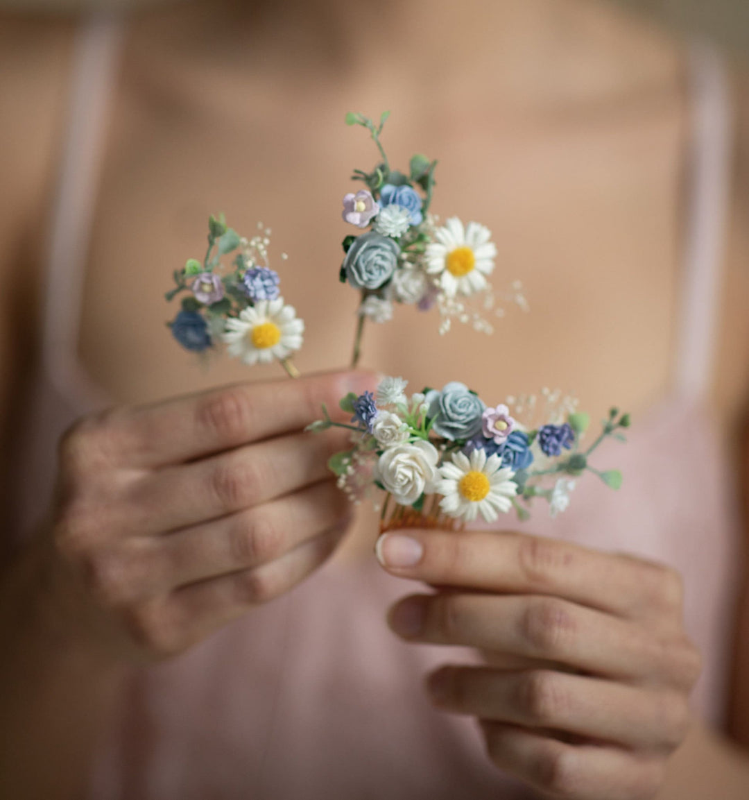 Daisy Hair Comb & Pins: Pastel Blue Meadow Wedding Accessories – handmade floral hair accessory by magaela