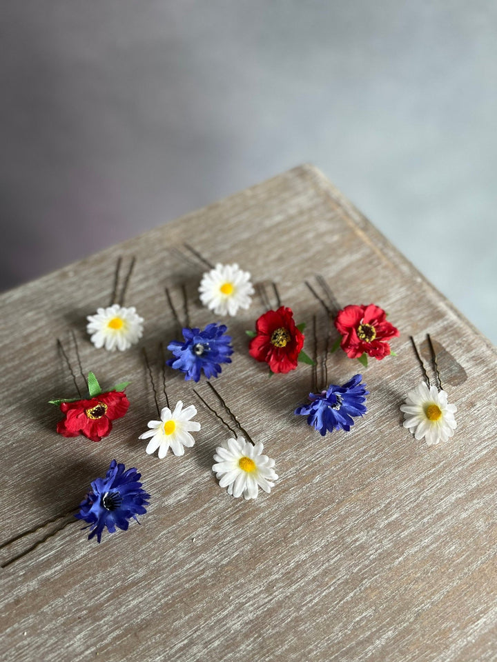Wildflower Hair Pins: Poppy, Cornflower, Daisy - Wedding Hair Accessories – handmade floral hair accessory by magaela