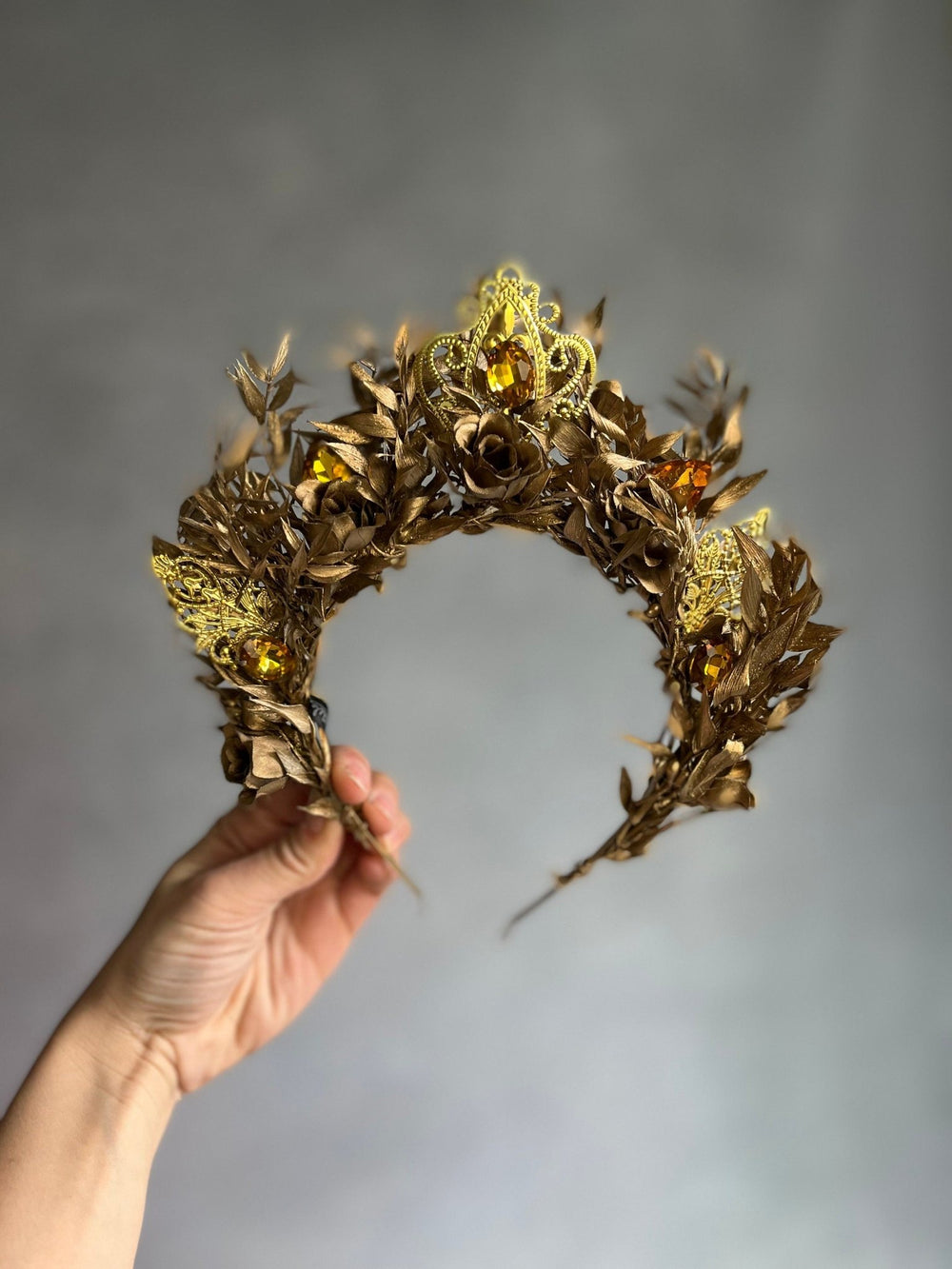 Golden Flower Bridal Crown: Crystal Wedding Tiara Headband – handmade floral hair accessory by magaela