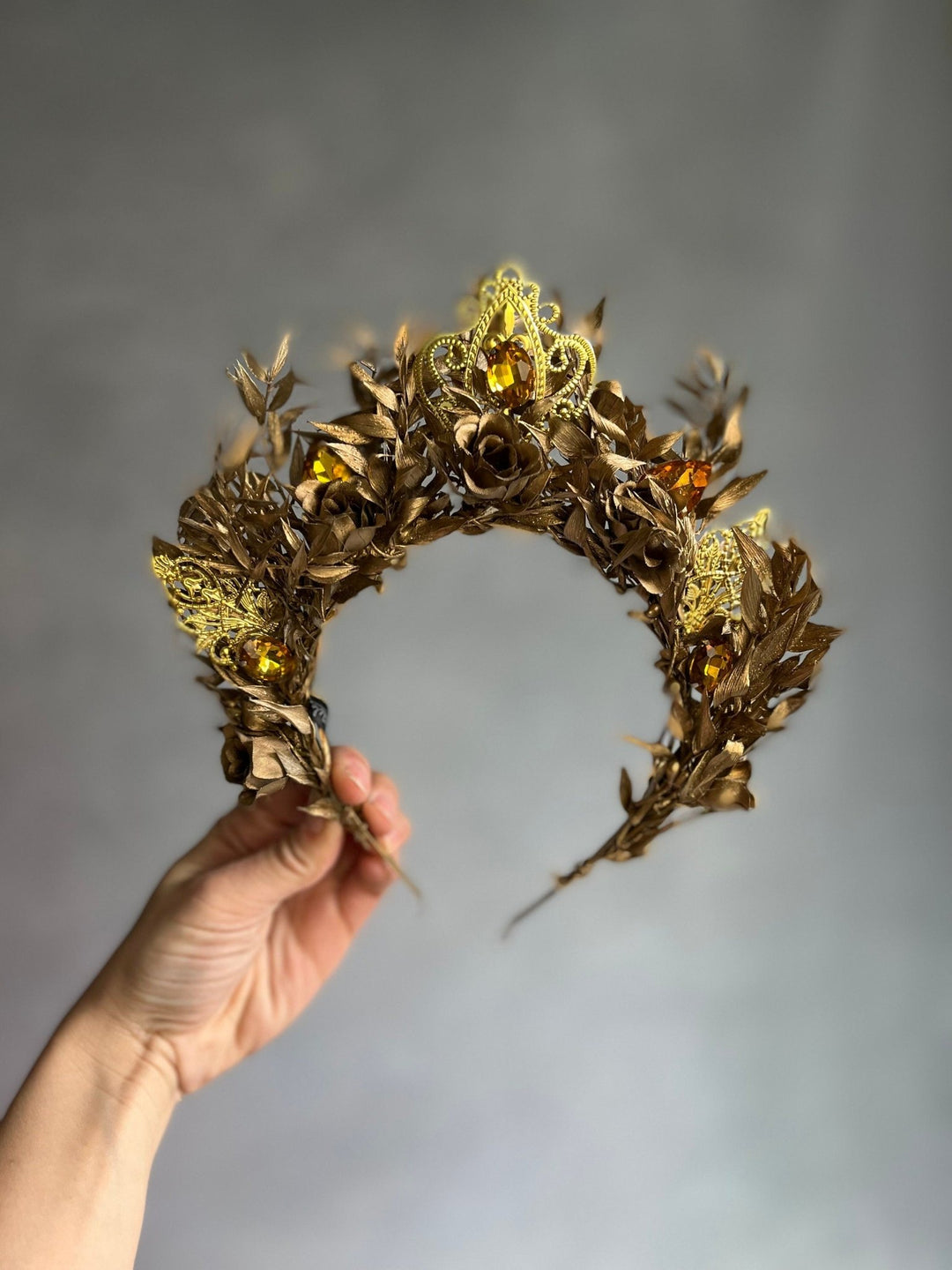 Golden Flower Bridal Crown: Crystal Wedding Tiara Headband – handmade floral hair accessory by magaela