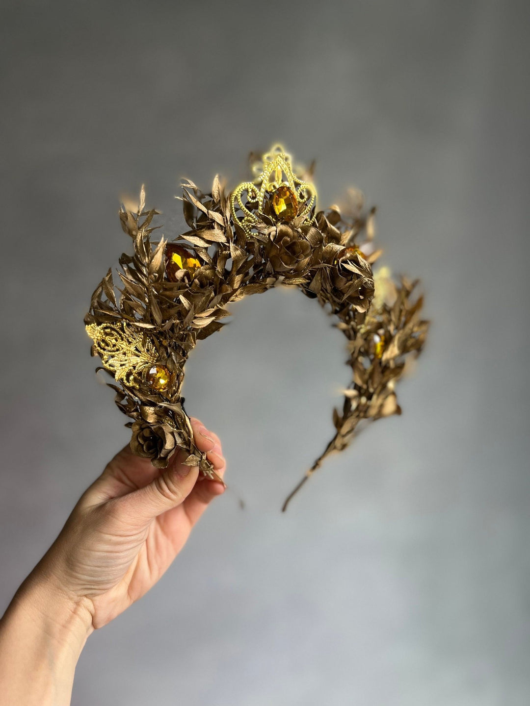 Golden Flower Bridal Crown: Crystal Wedding Tiara Headband – handmade floral hair accessory by magaela