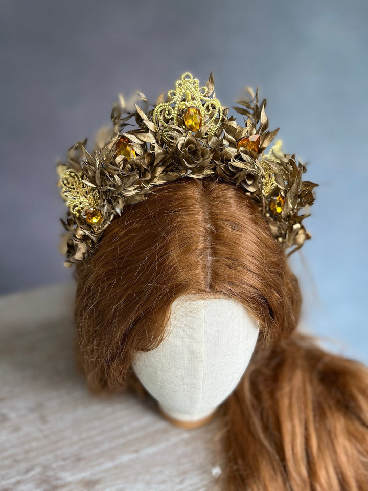 Golden Flower Bridal Crown: Crystal Wedding Tiara Headband – handmade floral hair accessory by magaela