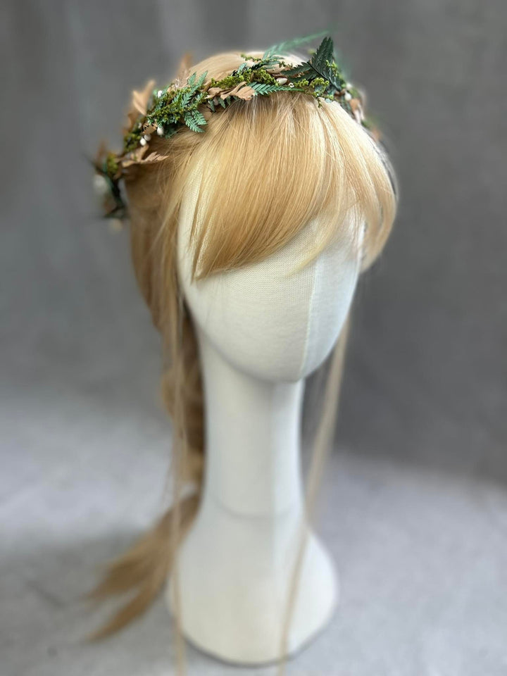 Green Fern Wedding Hair Crown: Bronze Flower Woodland Wreath – handmade floral hair accessory by magaela