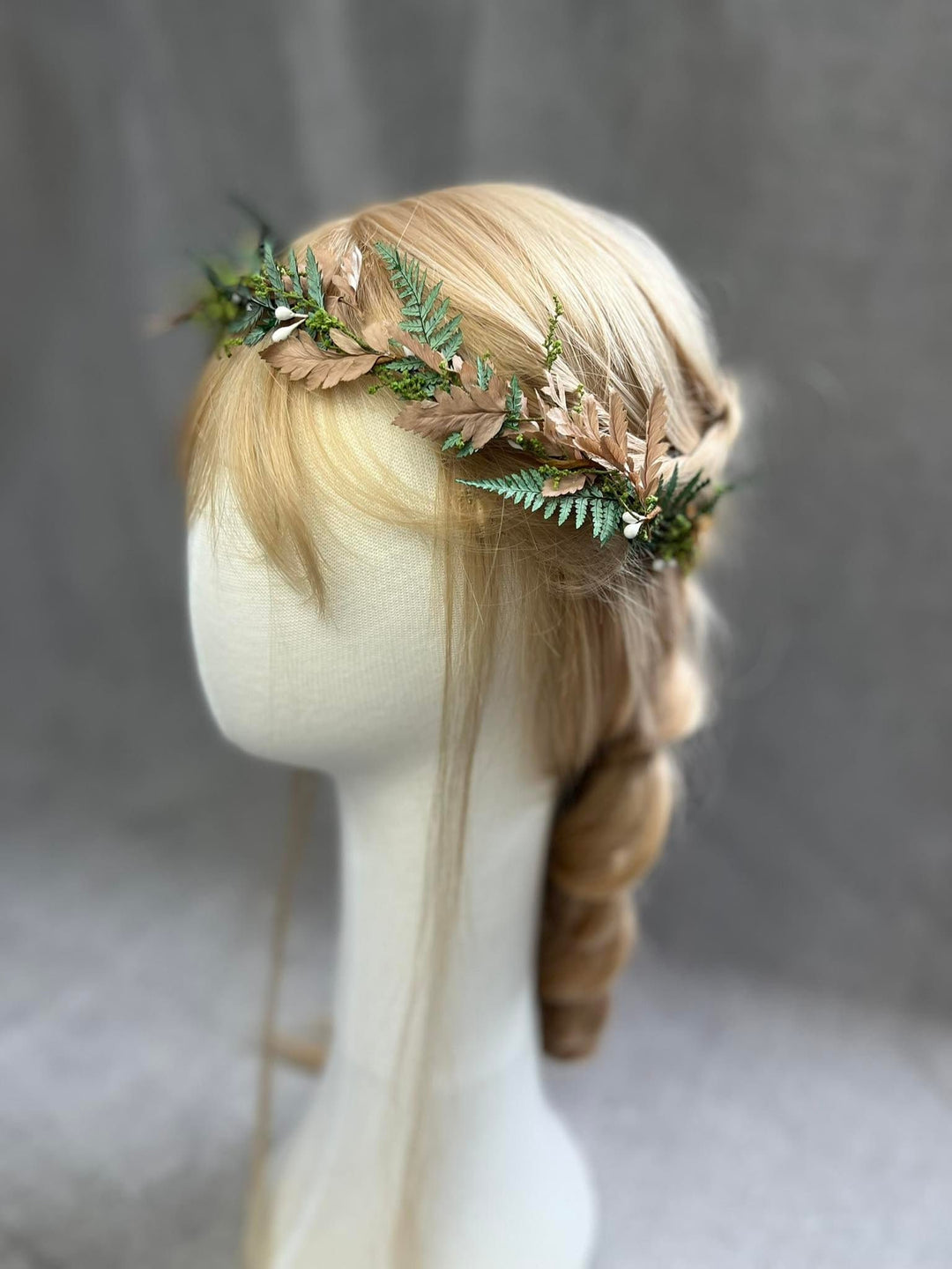 Green Fern Wedding Hair Crown: Bronze Flower Woodland Wreath – handmade floral hair accessory by magaela