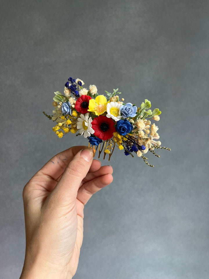 Folk Meadow Flower Hair Comb & Pins: Poppy Daisy Wedding Accessories – handmade floral hair accessory by magaela
