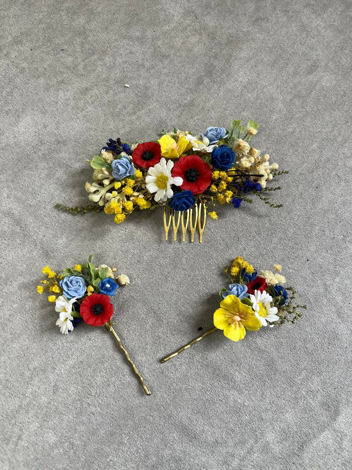 Folk Meadow Flower Hair Comb & Pins: Poppy Daisy Wedding Accessories – handmade floral hair accessory by magaela