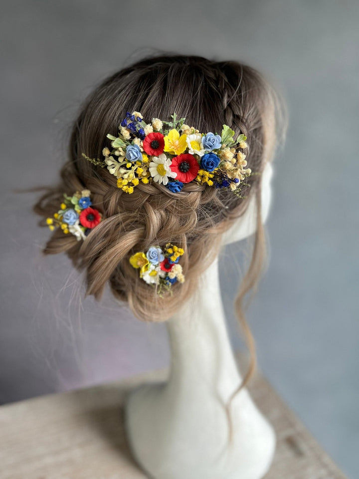 Folk Meadow Flower Hair Comb & Pins: Poppy Daisy Wedding Accessories – handmade floral hair accessory by magaela