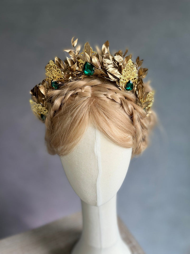 Golden Flower Bridal Crown: Emerald Crystal Wedding Headband – handmade floral hair accessory by magaela